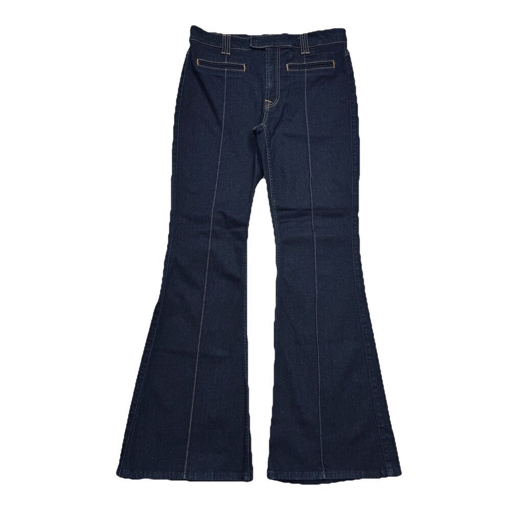 7 For All Mankind Pintuck Flare Jeans 32 (31x30.5) Dark Wash Blue Stretch Womens